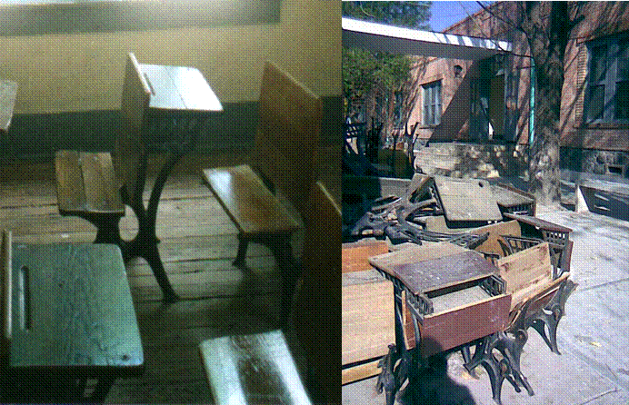 Imagen 4. Las bancas de la escuela colocadas en los salones y las bancas en estado de conservación deterioradas apiladas en el patio.